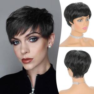 FESHFEN Pixie Cut Wigs Synthetic Platinum Grey Short Pixie Haircut Wig with Bangs Glueless Layered Wavy Granny Gray Wigs for Women Men(Black)
