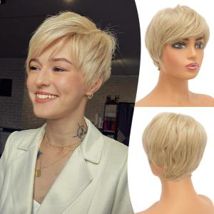 FESHFEN Pixie Cut Wigs Synthetic Platinum Grey Short Pixie Haircut Wig with Bangs Glueless Layered Wavy Granny Gray Wigs for Women Men(Blonde)