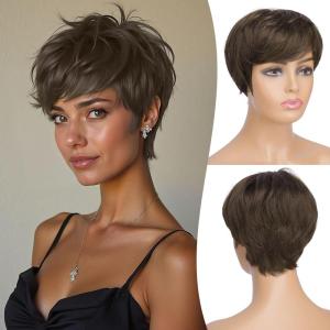 FESHFEN Pixie Cut Wigs Synthetic Platinum Grey Short Pixie Haircut Wig with Bangs Glueless Layered Wavy Granny Gray Wigs for Women Men(Brown)