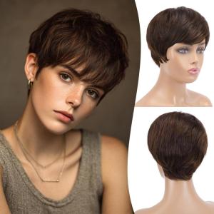 FESHFEN Pixie Cut Wigs Synthetic Platinum Grey Short Pixie Haircut Wig with Bangs Glueless Layered Wavy Granny Gray Wigs for Women Men(Brown Mixed Auburn)