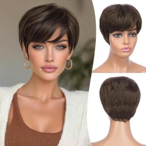 FESHFEN Pixie Cut Wigs Synthetic Platinum Grey Short Pixie Haircut Wig with Bangs Glueless Layered Wavy Granny Gray Wigs for Women Men(Brown with Highlights)