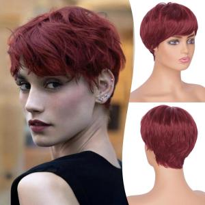 FESHFEN Pixie Cut Wigs Synthetic Platinum Grey Short Pixie Haircut Wig with Bangs Glueless Layered Wavy Granny Gray Wigs for Women Men(Burgundy)