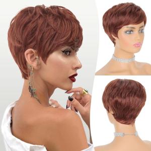 FESHFEN Pixie Cut Wigs Synthetic Platinum Grey Short Pixie Haircut Wig with Bangs Glueless Layered Wavy Granny Gray Wigs for Women Men(Copper Red)
