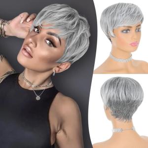 FESHFEN Pixie Cut Wigs Synthetic Platinum Grey Short Pixie Haircut Wig with Bangs Glueless Layered Wavy Granny Gray Wigs for Women Men(Gray Mixed Black)