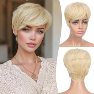FESHFEN Pixie Cut Wigs Synthetic Platinum Grey Short Pixie Haircut Wig with Bangs Glueless Layered Wavy Granny Gray Wigs for Women Men(Light Blonde)