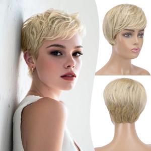 FESHFEN Pixie Cut Wigs Synthetic Platinum Grey Short Pixie Haircut Wig with Bangs Glueless Layered Wavy Granny Gray Wigs for Women Men(Mixed Blonde)