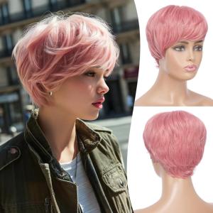 FESHFEN Pixie Cut Wigs Synthetic Platinum Grey Short Pixie Haircut Wig with Bangs Glueless Layered Wavy Granny Gray Wigs for Women Men(Pink)