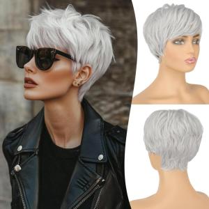 FESHFEN Pixie Cut Wigs Synthetic Platinum Grey Short Pixie Haircut Wig with Bangs Glueless Layered Wavy Granny Gray Wigs for Women Men(Platinum Grey)