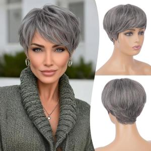 FESHFEN Pixie Cut Wigs Synthetic Platinum Grey Short Pixie Haircut Wig with Bangs Glueless Layered Wavy Granny Gray Wigs for Women Men(Salt and Pepper)