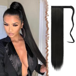 FESHFEN Ponytail Extensions – 24 Inch Long Straight Black Wrap Around Synthetic Ponytails Hair Piece Pony Tail Hair Extensions Hairpieces for Women(1# Black)