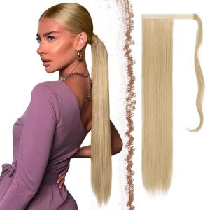 FESHFEN Ponytail Extensions – 24 Inch Long Straight Black Wrap Around Synthetic Ponytails Hair Piece Pony Tail Hair Extensions Hairpieces for Women(16.613# Ash Blonde)