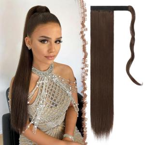 FESHFEN Ponytail Extensions – 24 Inch Long Straight Black Wrap Around Synthetic Ponytails Hair Piece Pony Tail Hair Extensions Hairpieces for Women(6# Medium Brown)
