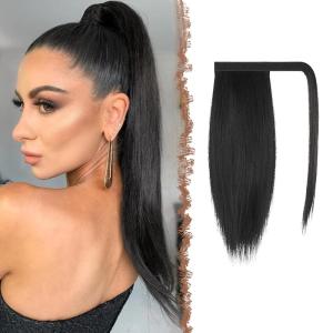 FESHFEN Ponytail Extensions – 24 Inch Long Straight Black Wrap Around Synthetic Ponytails Hair Piece Pony Tail Hair Extensions Hairpieces for Women(Natural Black)