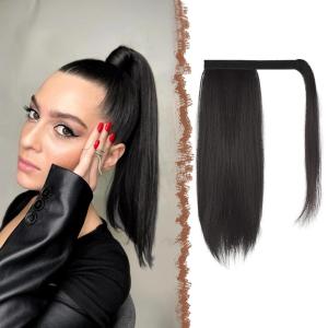 FESHFEN Ponytail Extensions – 24 Inch Long Straight Wrap Around Synthetic Medium Brown Ponytails Hair Piece Pony Tail Hair Extensions Hairpieces for Women(Black Brown)
