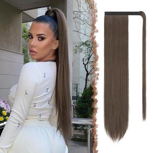 FESHFEN Ponytail Extensions – 24 Inch Long Straight Wrap Around Synthetic Medium Brown Ponytails Hair Piece Pony Tail Hair Extensions Hairpieces for Women(6.8# Light Brown)