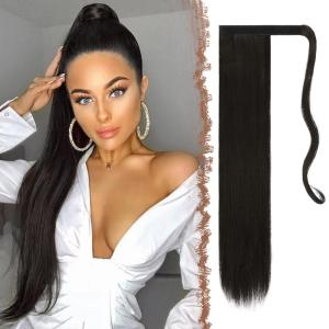 FESHFEN Ponytail Extensions – 24 Inch Long Straight Wrap Around Synthetic Medium Brown Ponytails Hair Piece Pony Tail Hair Extensions Hairpieces for Women(4# Black Brown)