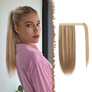 FESHFEN Ponytail Extensions – 24 Inch Long Straight Wrap Around Synthetic Medium Brown Ponytails Hair Piece Pony Tail Hair Extensions Hairpieces for Women(Brown Mixed Blonde)