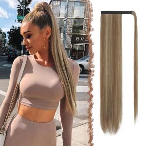 FESHFEN Ponytail Extensions – 24 Inch Long Straight Wrap Around Synthetic Medium Brown Ponytails Hair Piece Pony Tail Hair Extensions Hairpieces for Women(P8AC.18# Caramel Brown Mixed Ash Blonde)