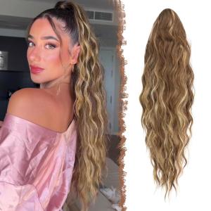 FESHFEN Ponytail Extensions – 26 inch Drawstring Long Curly Wavy Clip in Ponytails Synthetic Hair Piece Pony Tail Hairpieces for Women, Honey Blonde Mixed Light Brown(12H29# Light Brown & Blonde)