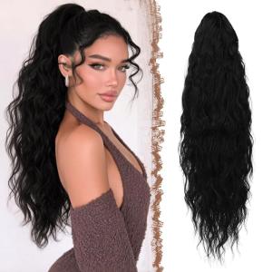 FESHFEN Ponytail Extensions – 26 inch Drawstring Long Curly Wavy Clip in Ponytails Synthetic Hair Piece Pony Tail Hairpieces for Women, Honey Blonde Mixed Light Brown(1B# Black)