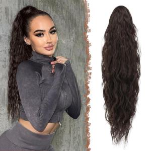 FESHFEN Ponytail Extensions – 26 inch Drawstring Long Curly Wavy Clip in Ponytails Synthetic Hair Piece Pony Tail Hairpieces for Women, Honey Blonde Mixed Light Brown(4# Black Brown)