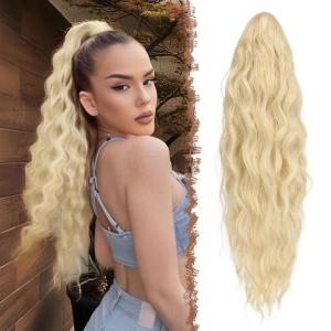 FESHFEN Ponytail Extensions – 26 inch Drawstring Long Curly Wavy Clip in Ponytails Synthetic Hair Piece Pony Tail Hairpieces for Women, Honey Blonde Mixed Light Brown(24.60# Platinum Blonde)