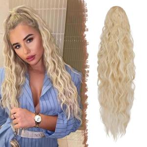 FESHFEN Ponytail Extensions – 26 inch Drawstring Long Curly Wavy Clip in Ponytails Synthetic Hair Piece Pony Tail Hairpieces for Women, Honey Blonde Mixed Light Brown(22AH60# Blonde Highlighted Bleach Blonde)