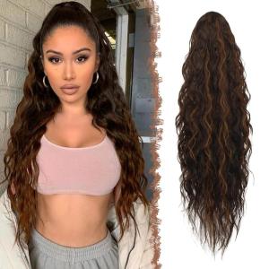 FESHFEN Ponytail Extensions – 26 inch Drawstring Long Curly Wavy Clip in Ponytails Synthetic Hair Piece Pony Tail Hairpieces for Women, Honey Blonde Mixed Light Brown(4H30# Dark Brown Highlighted Auburn)