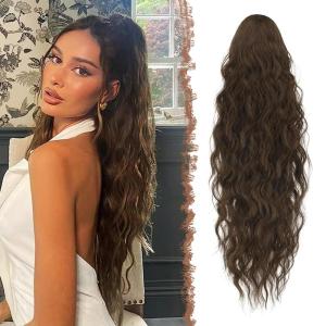 FESHFEN Ponytail Extensions – 26 inch Drawstring Long Curly Wavy Clip in Ponytails Synthetic Hair Piece Pony Tail Hairpieces for Women, Honey Blonde Mixed Light Brown(8/10# Light Brown)