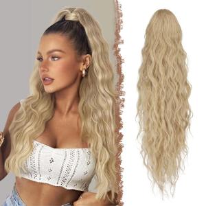 FESHFEN Ponytail Extensions – 26 inch Drawstring Long Curly Wavy Clip in Ponytails Synthetic Hair Piece Pony Tail Hairpieces for Women, Honey Blonde Mixed Light Brown(16.613# Ash Blonde)