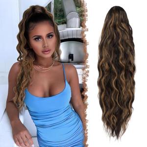 FESHFEN Ponytail Extensions – 26 inch Drawstring Long Curly Wavy Clip in Ponytails Synthetic Hair Piece Pony Tail Hairpieces for Women, Honey Blonde Mixed Light Brown(2AH426# Dark Brown Mixed Caramel Blonde)