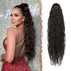 FESHFEN Ponytail Extensions – 26 inch Drawstring Long Curly Wavy Clip in Ponytails Synthetic Hair Piece Pony Tail Hairpieces for Women, Honey Blonde Mixed Light Brown(2# Natural Black)