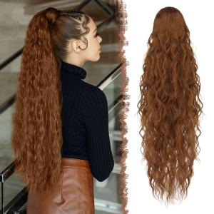 FESHFEN Ponytail Extensions – 26 inch Drawstring Long Curly Wavy Clip in Ponytails Synthetic Hair Piece Pony Tail Hairpieces for Women, Honey Blonde Mixed Light Brown(30# Light Auburn)