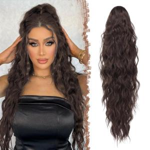 FESHFEN Ponytail Extensions – 26 inch Drawstring Long Curly Wavy Clip in Ponytails Synthetic Hair Piece Pony Tail Hairpieces for Women, Honey Blonde Mixed Light Brown(4.6A# Chocolate Brown Mixed Dark Brown)