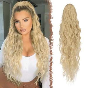 FESHFEN Ponytail Extensions – 26 inch Drawstring Long Curly Wavy Clip in Ponytails Synthetic Hair Piece Pony Tail Hairpieces for Women, Honey Blonde Mixed Light Brown(27.613# Strawberry Blonde)