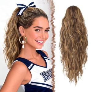 FESHFEN Ponytail Extensions – Drawstring Ponytails Hair Extension Long Curly Wavy Hair Piece Synthetic Pony Tail Hairpieces for Women, Golden Brown Mix Blonde 18 inch(22H10# Golden Brown Mixed Blonde)
