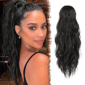 FESHFEN Ponytail Extensions – Drawstring Ponytails Hair Extension Long Curly Wavy Hair Piece Synthetic Pony Tail Hairpieces for Women, Golden Brown Mix Blonde 18 inch(4# Black Brown)