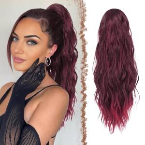 FESHFEN Ponytail Extensions – Drawstring Ponytails Hair Extension Long Curly Wavy Hair Piece Synthetic Pony Tail Hairpieces for Women, Golden Brown Mix Blonde 18 inch(Black Ombre Red)