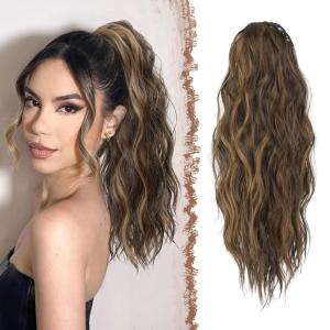 FESHFEN Ponytail Extensions – Drawstring Ponytails Hair Extension Long Curly Wavy Hair Piece Synthetic Pony Tail Hairpieces for Women, Golden Brown Mix Blonde 18 inch(4BH27# Black Brown Mix Golden Blonde)