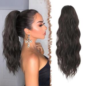 FESHFEN Ponytail Extensions – Drawstring Ponytails Hair Extension Long Curly Wavy Hair Piece Synthetic Pony Tail Hairpieces for Women, Golden Brown Mix Blonde 18 inch(6A# Dark Brown)
