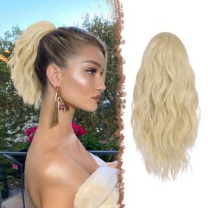 FESHFEN Ponytail Extensions – Drawstring Ponytails Hair Extension Long Curly Wavy Hair Piece Synthetic Pony Tail Hairpieces for Women, Golden Brown Mix Blonde 18 inch(Ash Blonde 12 inch)
