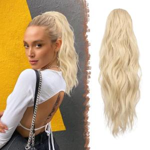 FESHFEN Ponytail Extensions – Drawstring Ponytails Hair Extension Long Curly Wavy Hair Piece Synthetic Pony Tail Hairpieces for Women, Golden Brown Mix Blonde 18 inch(24/60# Light Blonde)