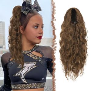 FESHFEN Ponytail Extensions – Drawstring Ponytails Hair Extension Long Curly Wavy Hair Piece Synthetic Pony Tail Hairpieces for Women, Golden Brown Mix Blonde 18 inch(Chestnut Brown)