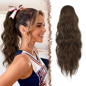 FESHFEN Ponytail Extensions – Drawstring Ponytails Hair Extension Long Curly Wavy Hair Piece Synthetic Pony Tail Hairpieces for Women, Golden Brown Mix Blonde 18 inch(4/30# Brown & Light Auburn Mixed)