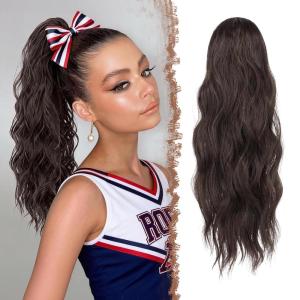 FESHFEN Ponytail Extensions – Drawstring Ponytails Hair Extension Long Curly Wavy Hair Piece Synthetic Pony Tail Hairpieces for Women, Golden Brown Mix Blonde 18 inch(4/6A# Mixed Brown)