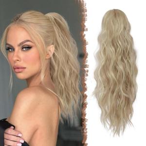 FESHFEN Ponytail Extensions – Drawstring Ponytails Hair Extension Long Curly Wavy Hair Piece Synthetic Pony Tail Hairpieces for Women, Golden Brown Mix Blonde 18 inch(16H613# Dirty Blonde)