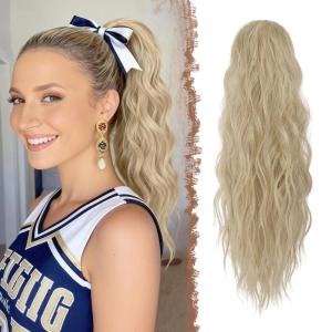 FESHFEN Ponytail Extensions – Drawstring Ponytails Hair Extension Long Curly Wavy Hair Piece Synthetic Pony Tail Hairpieces for Women, Golden Brown Mix Blonde 18 inch(16/613# Ash_Blonde)