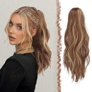 FESHFEN Ponytail Extensions, Long Claw Clip in Ponytail Hairpiece Synthetic Pony Tails Hair Piece Natural Wavy Hairpieces for Women, 20 inch Dirty Blonde(Brown & Blonde)