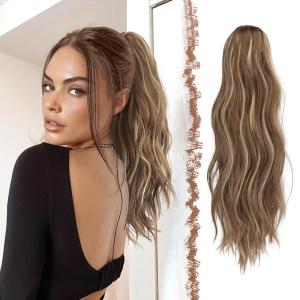 FESHFEN Ponytail Extensions, Long Claw Clip in Ponytail Hairpiece Synthetic Pony Tails Hair Piece Natural Wavy Hairpieces for Women, 20 inch Dirty Blonde(Light Brown & Blonde)