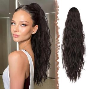 FESHFEN Ponytail Extensions, Long Claw Clip in Ponytail Hairpiece Synthetic Pony Tails Hair Piece Natural Wavy Hairpieces for Women, 20 inch Dirty Blonde(6# Dark Brown)